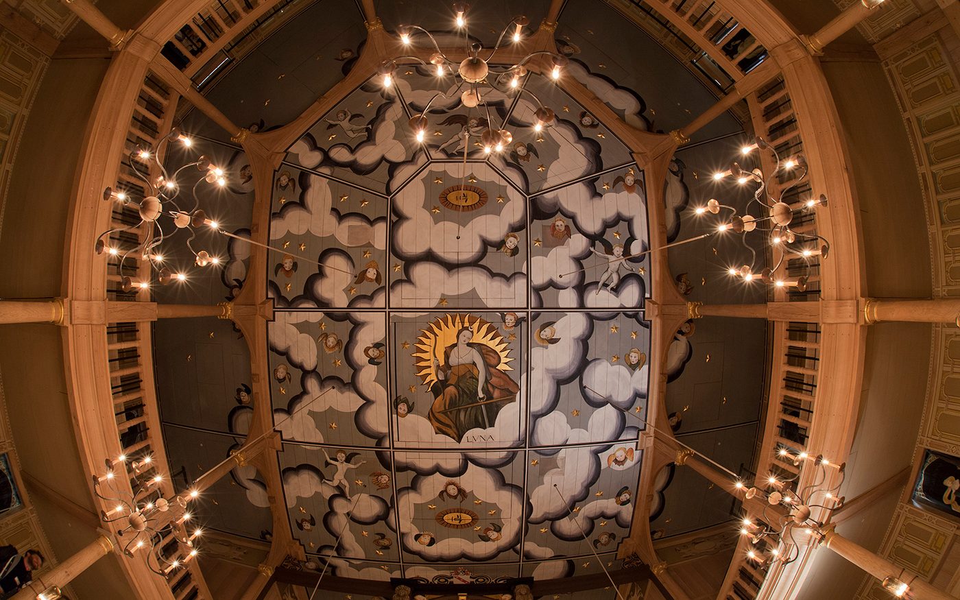 Sam Wanamaker Playhouse Ceiling Pete Le May An intricately painted ceiling, looking up at it from below