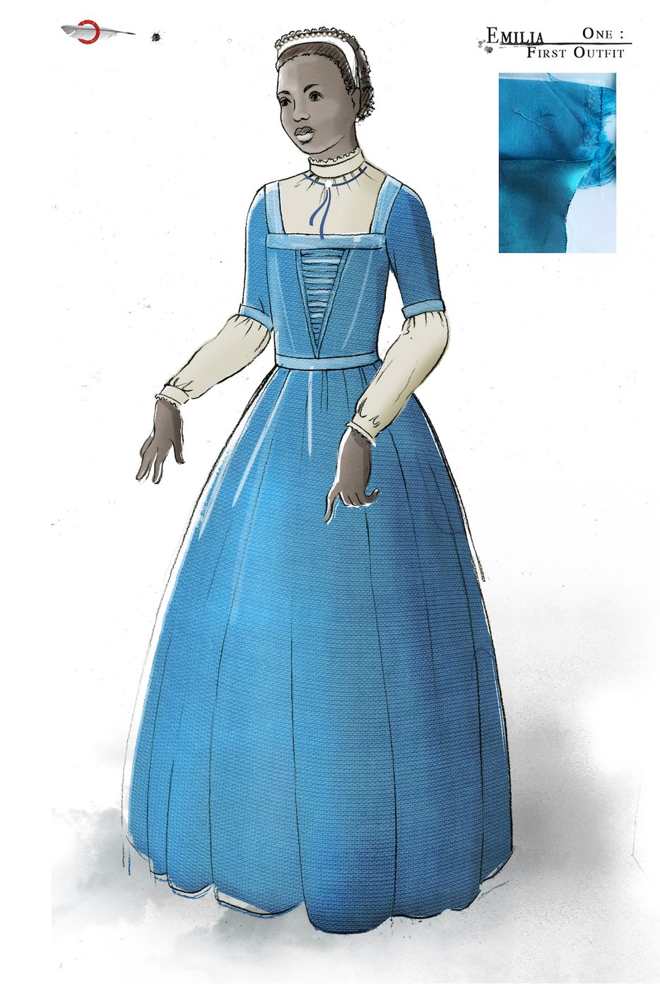 Jo Scotcher Emilia Costume Design Shakespeare’s Globe A costume sketch of a blue Elizabethan dress