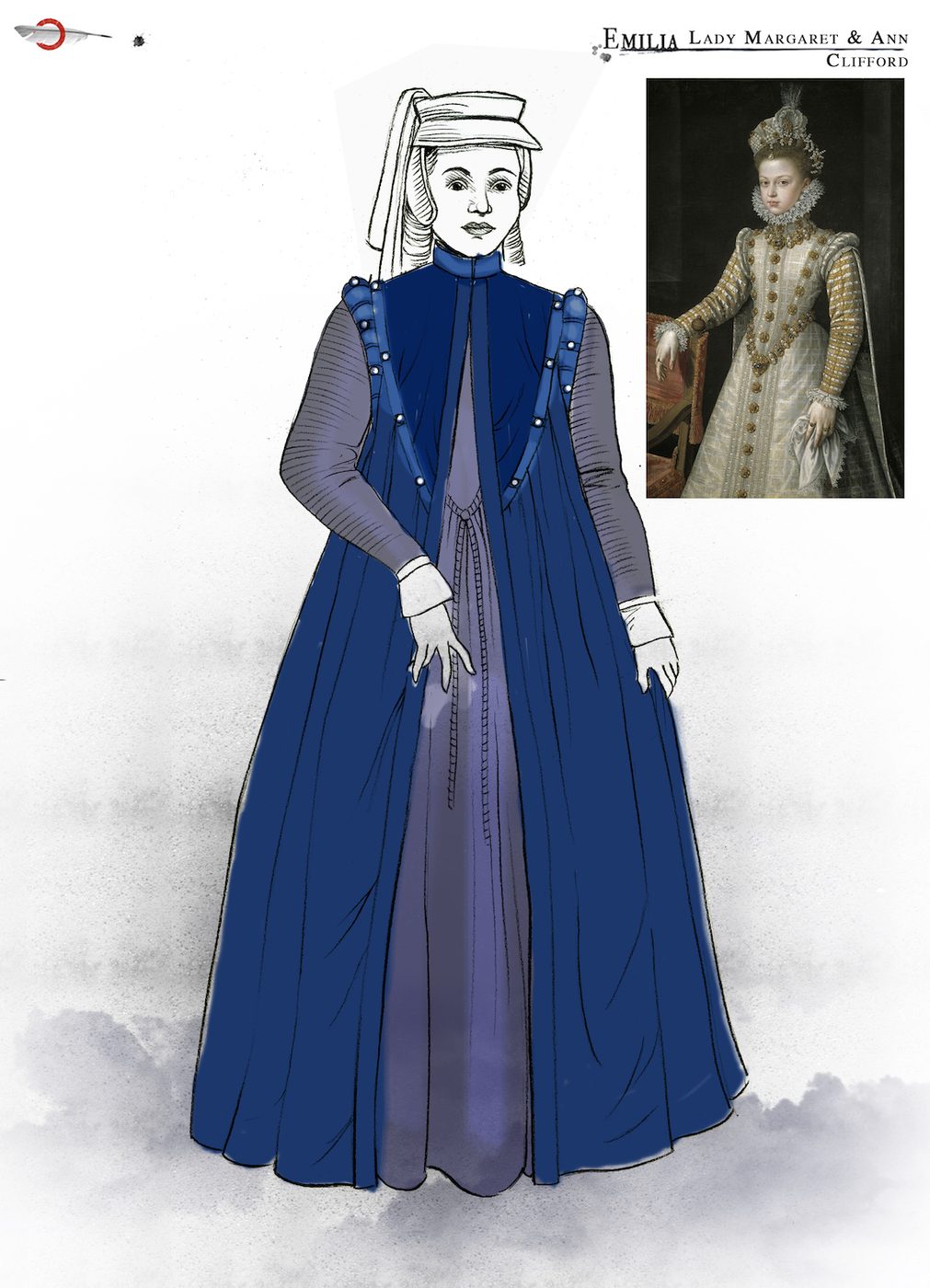 Emilia Clifford Costume Design Jo Scotcher Shakespeare’s Globe A costume sketch of a blue Elizabethan dress