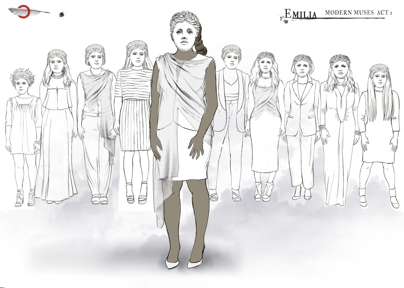 Emilia Muse Costume Design Jo Scotcher Shakespeare’s Globe Outline sketches of costume design shows 10 different outfits