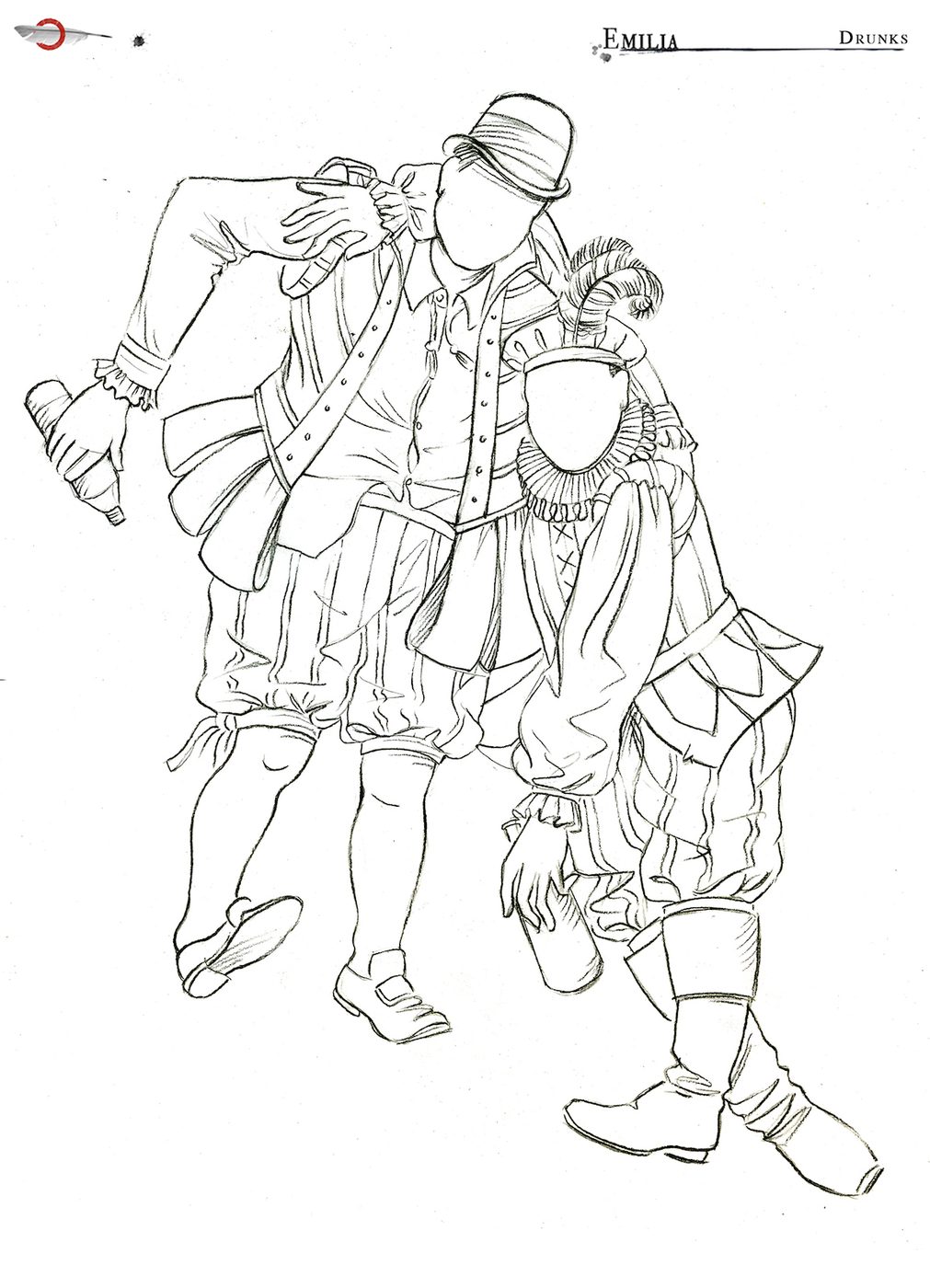 Drunks Costume Design Jo Scotcher Shakespeare’s Globe A costume sketch shows an outline of two characters ‘Drunks’ in Elizabethan dress