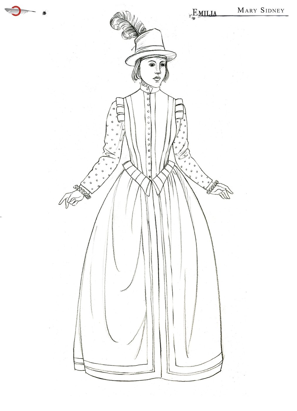 Emilia Mary Sidney Costume Design Jo Scotcher Shakespeare’s Globe A costume sketch of an Elizabethan dress and a hat with a feather in it