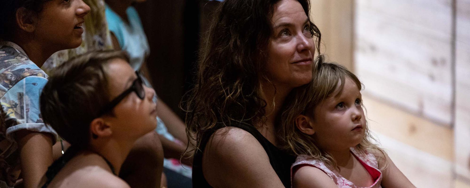 Families A grown up sits in a theatre with two children