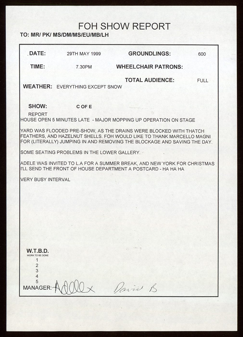 Hazelnuts FoH Report The Comedy of Errors Shakespeare's Globe A document detailing a show report