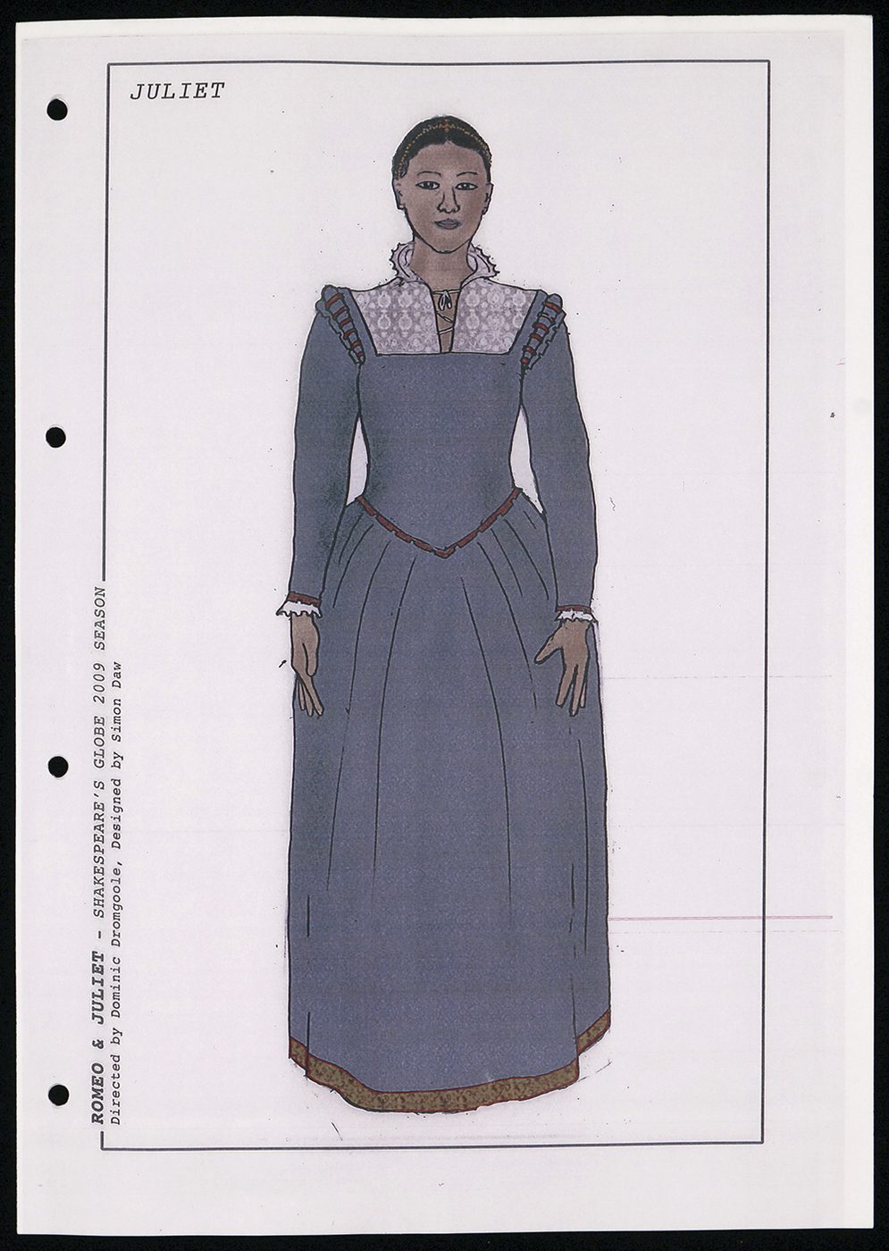 Juliet Costume Design 2009 A costume sketch for Juliet with a high necked blue corset dress.
