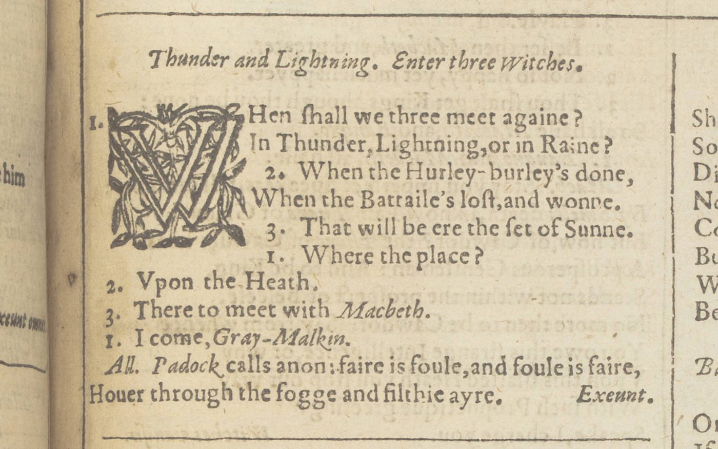 Shakespeare First Folio Macbeth Plays An old book with brown pages has black text on it
