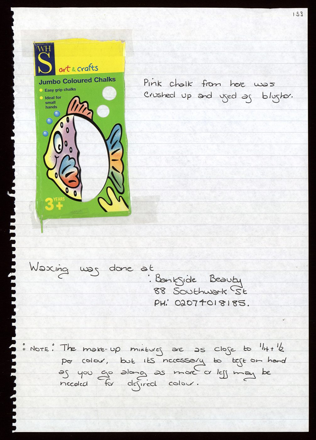 Makeup Notes Twelfth Night Shakespeare's Globe A document detailing how chalk was used in the make up process.