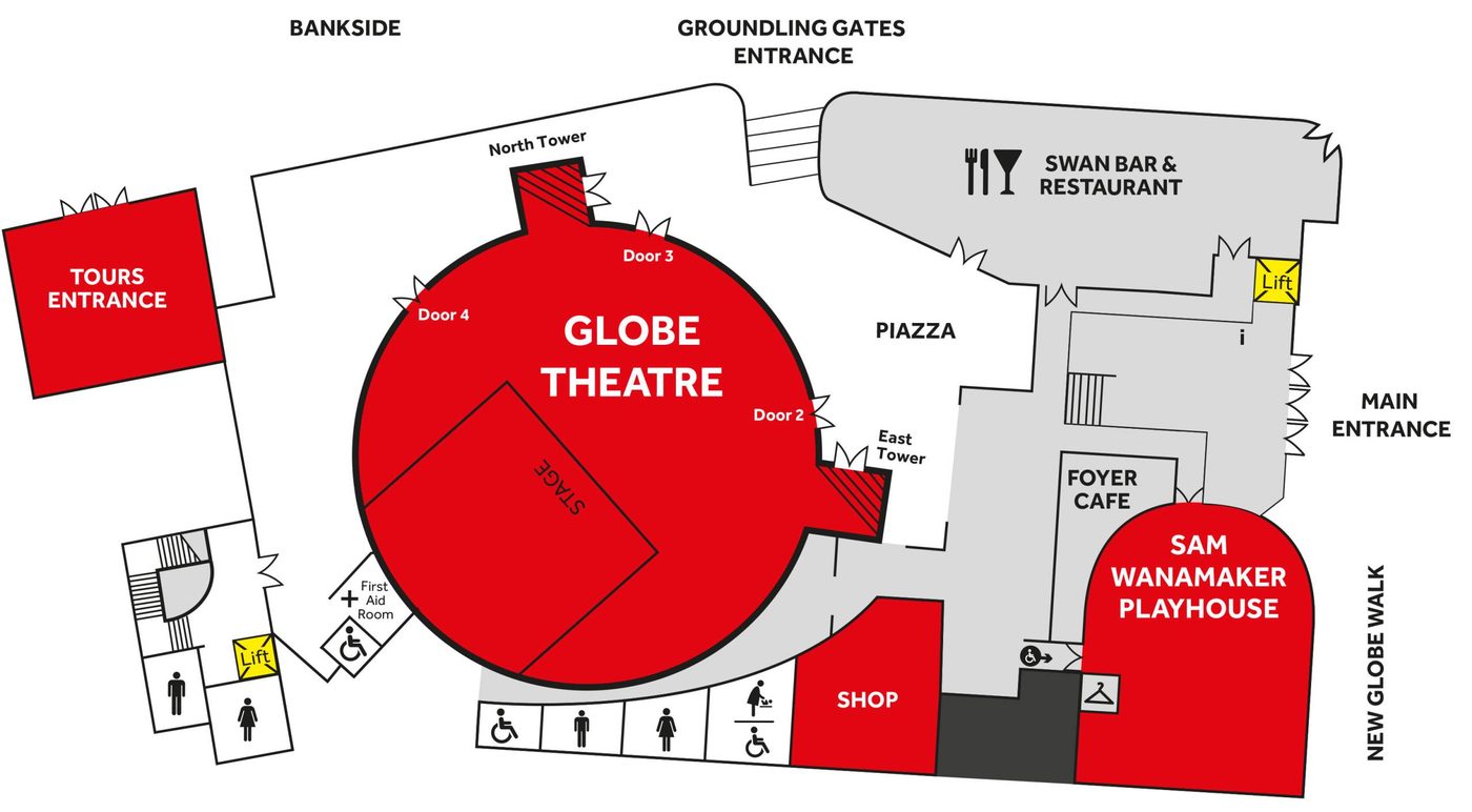 MapTours2023_NO 2 Map of Shakespeare's Globe main site. From New Globe Walk along the east side of the site, doors open onto the main foyer, from which the Sam Wanamaker Playhouse, Swan Bar & Restaurant, shop, and toilets can be accessed. The foyer also opens out onto an outdoor piazza, which wraps around the circular Globe theatre. Separately, the Tours Entrance to the site is located to the north of the site (accessed via Bankside).