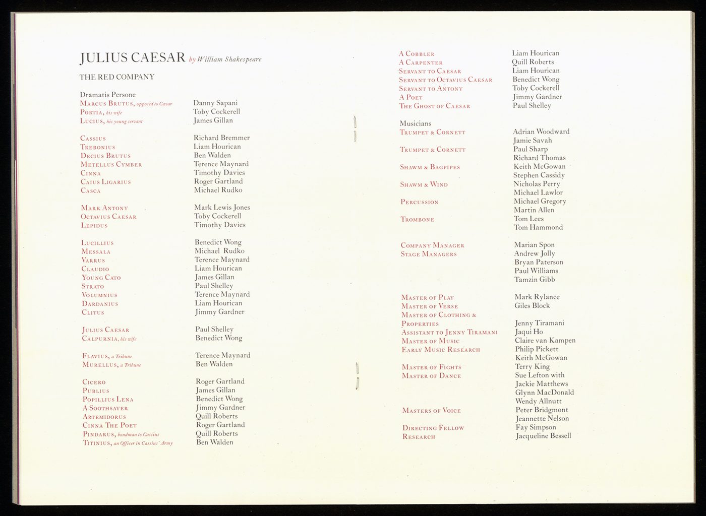 Masters Julius Caesar Shakespeare's Globe A programme listing the names of the cast and creative team.