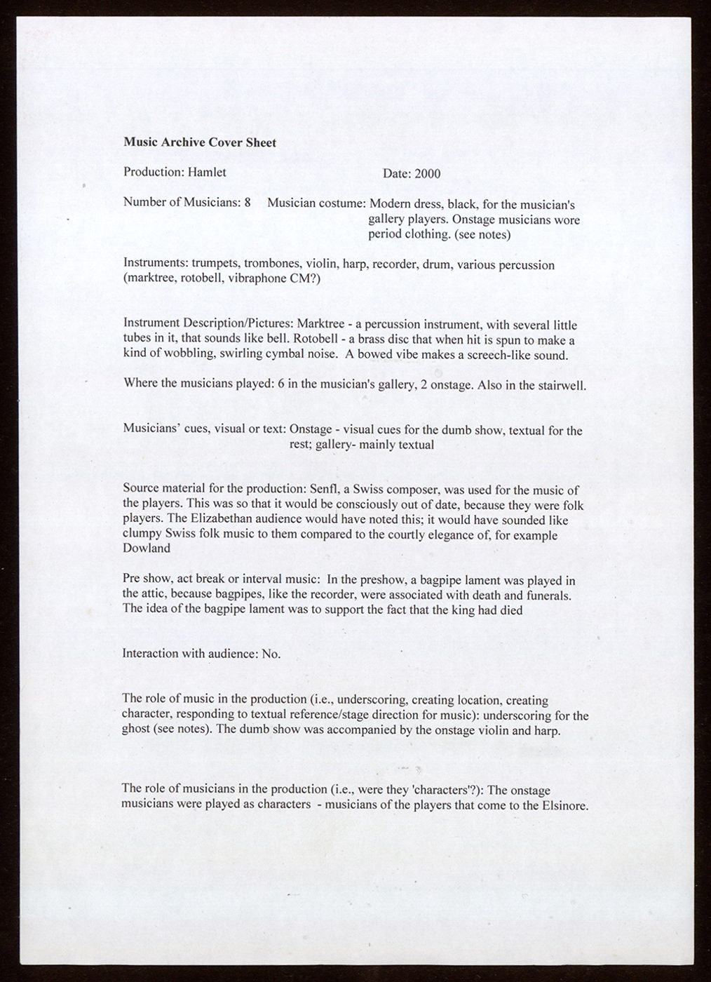 Music Cover Sheet Hamlet Shakespeare's Globe A document listing the music in Hamlet.
