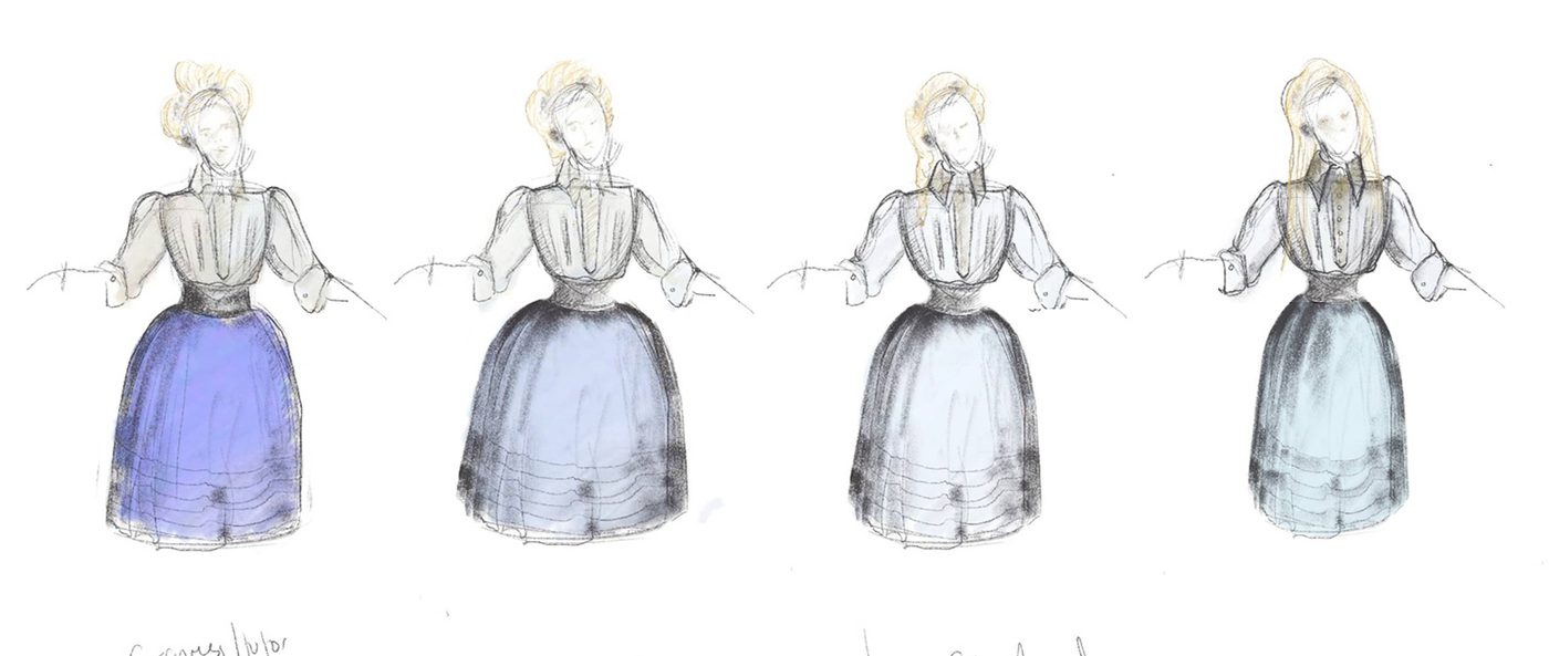 Costume sketch by Oli Townsend. Costume sketch by Oli Townsend. It shows four different options for the same character. All four are similar - a blue skirt with a white shirt. However, the blue tones of the skirt are different in each sketch, and there is some variety in the collar and colour of the shirt, too - the one on the right is more of a cream shirt, for example, with a high starched collar.