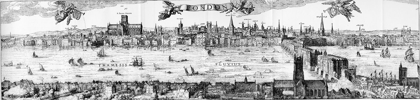 Panorama of London by Claes Van Visscher 1616 A panorama view of London with St Pauls, the City of London to the North, and the theatre and bear-baiting pits to the south of the river, from the early 1600s.