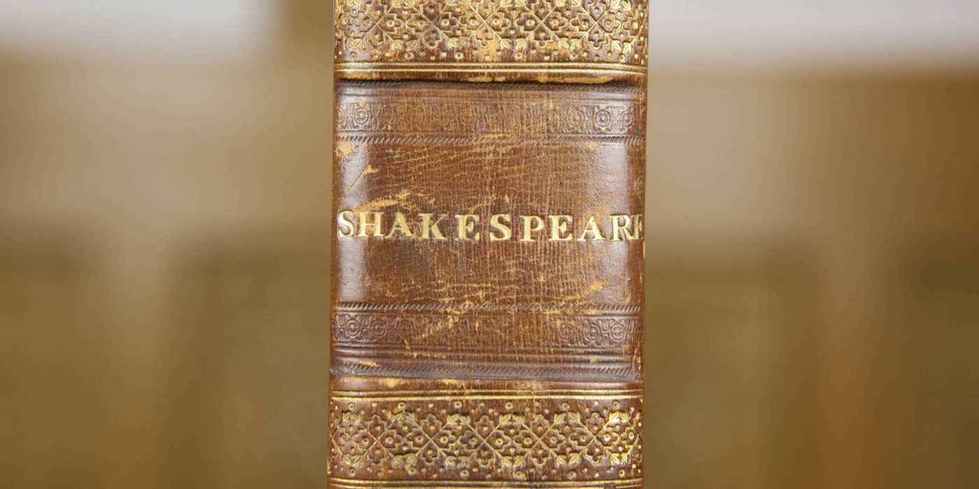 William Shakespeare’s Comedies, Histories, & Tragedies, 1623 (Munro First Folio) The brown spine of a book shows the word Shakespeare