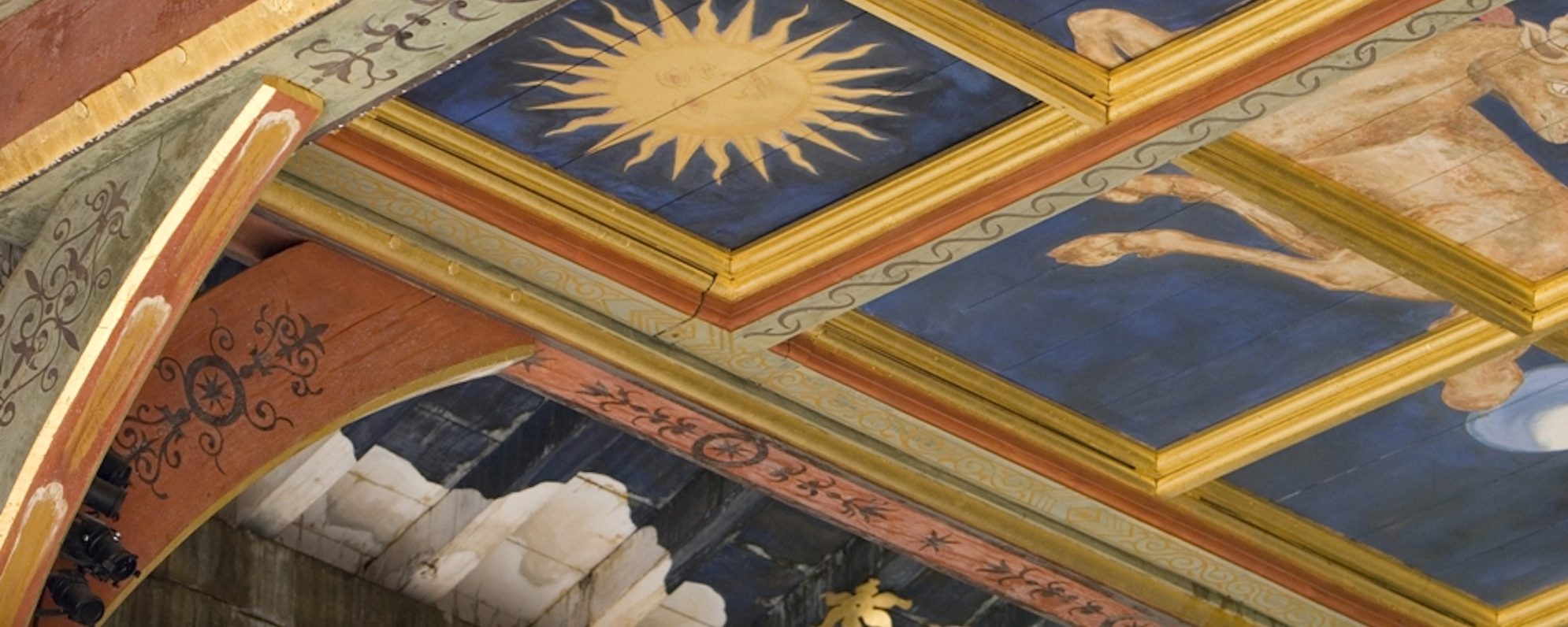 Shakespeare's Globe Press Releases A painted ceiling which is blue and gold