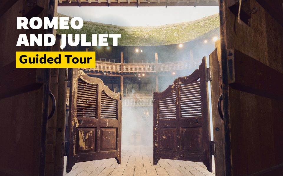 Saloon doors opening into a misty interior at the Globe. Text says "Romeo and Juliet Guided Tour"