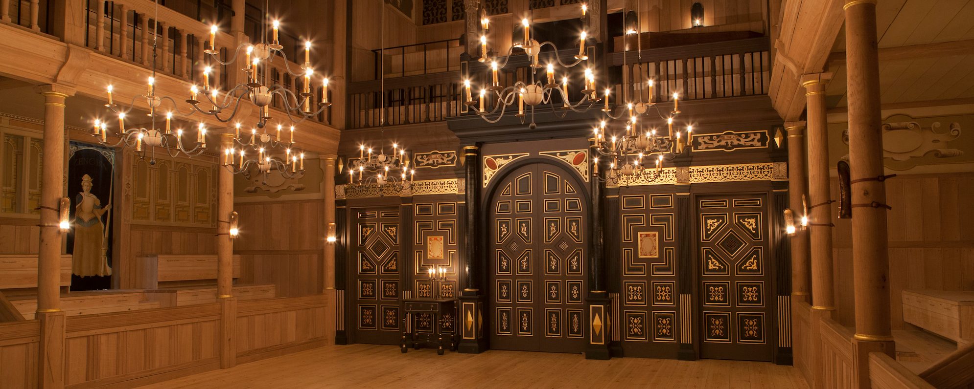 Sam Wanamaker Playhouse Pete Le May An indoor wooden playhouse lit by candles
