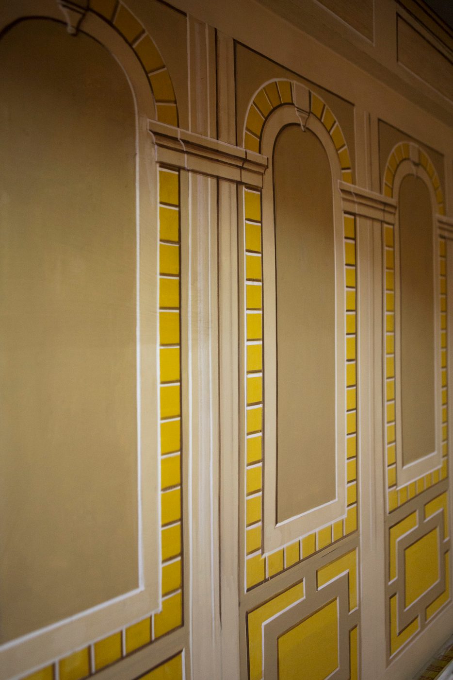 Sam Wanamaker Playhouse Pete Le May Yellow brick patterns on a wall