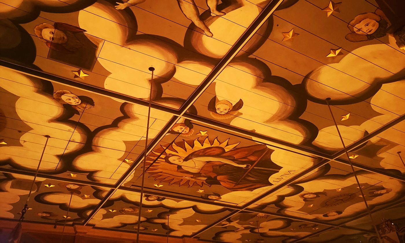 Sam Wanamaker Playhouse Recording Studio Blog Ceiling of the Sam Wanamaker Playhouse decorated with angels and clouds