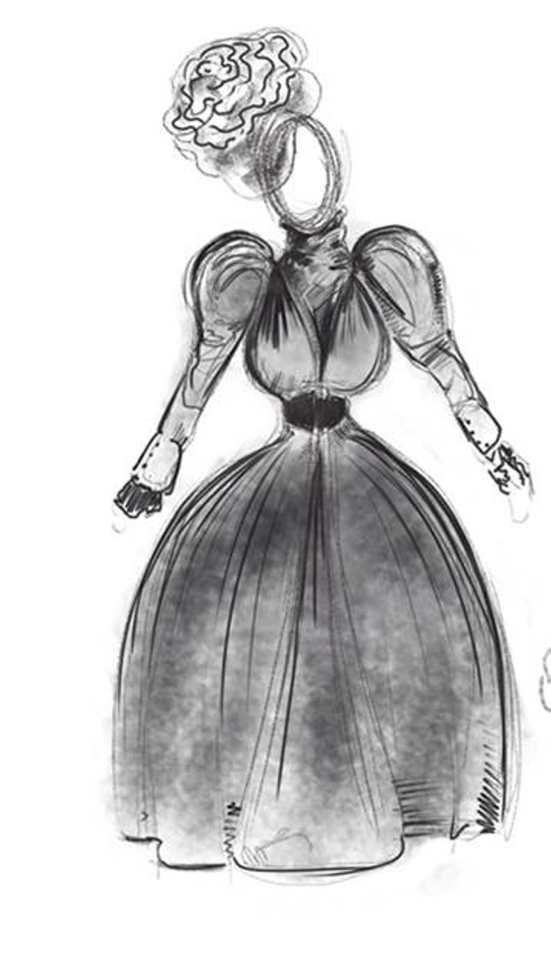 Spring MASHA, NAT, ANFISA, IRINA Costume sketch by Oli Townsend. It appears to be a charcoal sketch, all in black and white. It shows a woman in a large frilly hat, with voluminous sleeves and an even more voluminous skirt. She holds her arms stiffly out to the sides.
