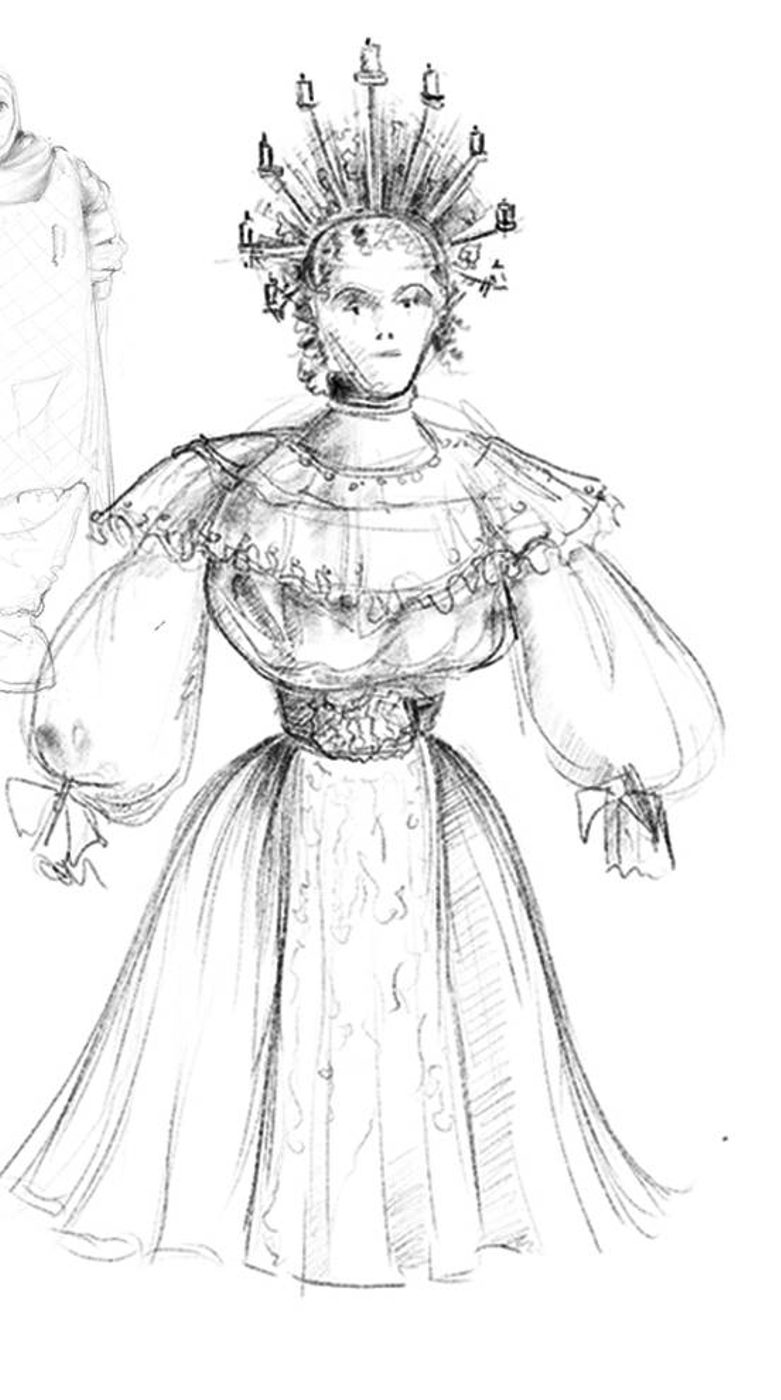 Spring MASHA, NAT, ANFISA, IRINA A costume design from Three Sisters, showing a woman in a frilly, lacy dress with enormous sleeves and a very narrow waist. She has a serious expression and wears a high tiara made from lit candles, which surround her face in a halo.