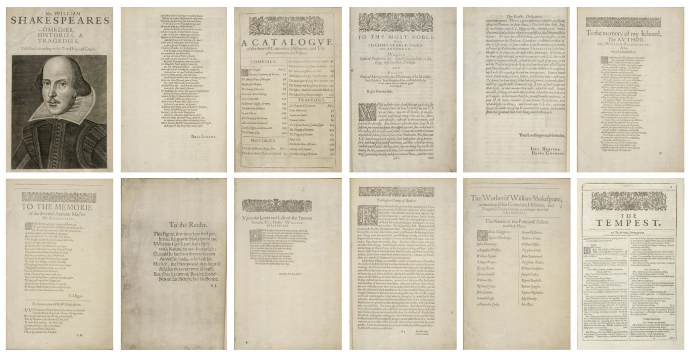 Shakespeare First Folio A collage shows 12 pages from an old book as small thumbnails
